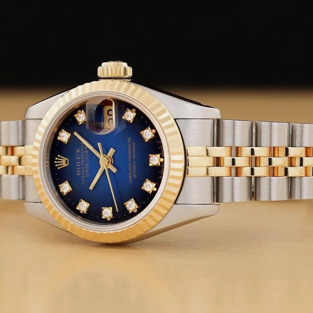 ROLEX 18K DATEJUST BLUE VIGNETTE FACTORY DIAMOND WATCH WITH BOX - Picture 3 of 8